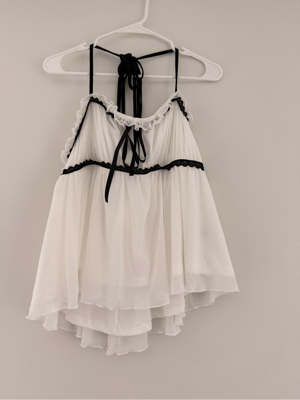 White Chiffon Spaghetti Strap Babydoll with Black Trim